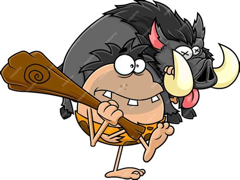 Premium Vector Caveman Cartoon Character With Club Carrying Boar