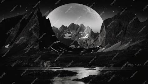 Premium Photo | A moonlit landscape with mountains and a moon in the background.