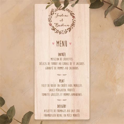 Menu De Mariage Sur Bois Couronne De Laurier