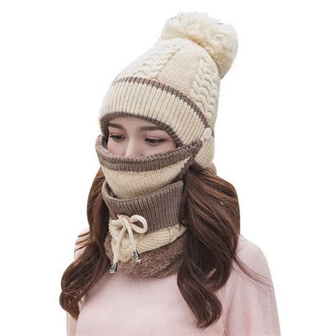 3pcs Set Winter Hat Scarf Mask Women Warm Fleece Knitted Pompom Beanie