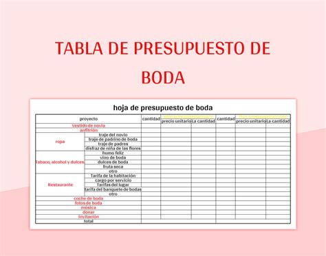 Plantilla De Excel Tabla De Presupuesto De Boda Y Hoja De C Lculo De