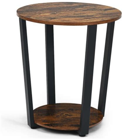 Tier Round End Table With Storage Shelf And Metal Frame Unit