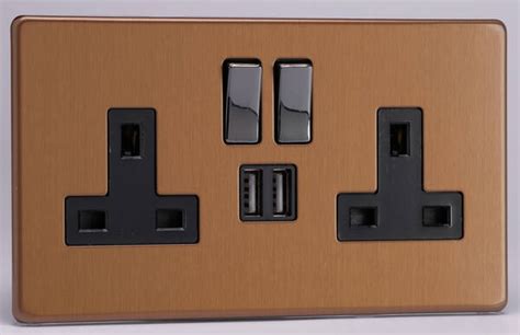 13A 2 Gang Switched Socket C W USB A A 17W Screwless Brush Bronze