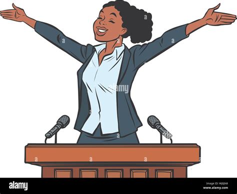 african women politician speaker on the podium. Comic cartoon pop art ...