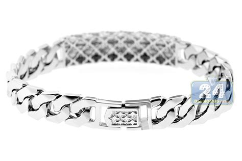 18k White Gold 080 Ct Diamond Cuban Link Mens Id Bracelet 8 Inches