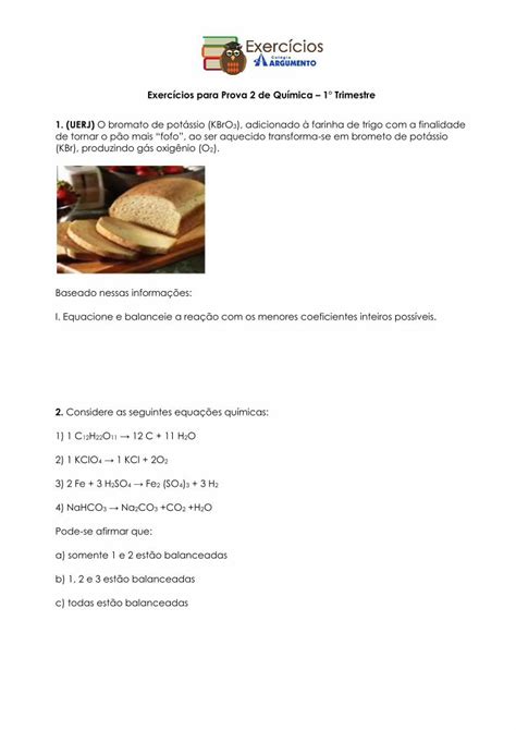 PDF Exercícios para Prova 2 de Química 1 Trimestre 1 UERJ