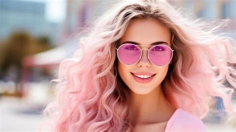 Premium Photo | A woman wearing pink sunglasses with pink hair and pink ...