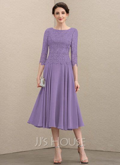 Us A Line Scoop Tea Length Lace Chiffon Mother Of The Bride