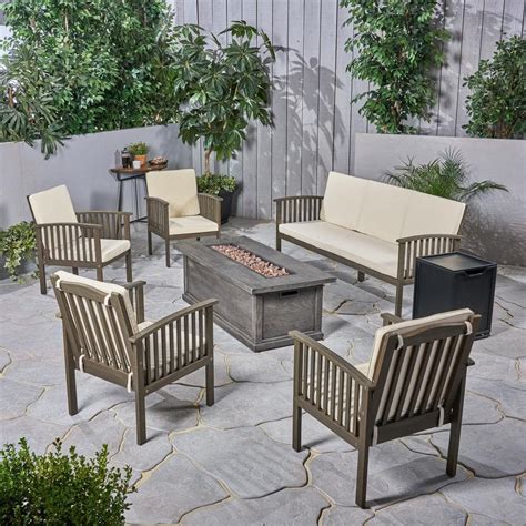 Noble House Carolina Grey Piece Wood Outdoor Patio Fire Pit Seating