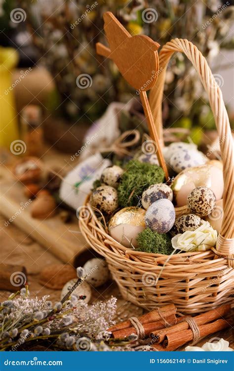 Easter Still Lifewicker Basket With Eggs Stock Image Image Of