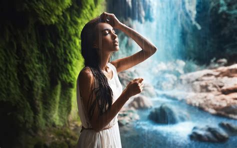 Wallpaper Sunlight Forest Waterfall Women Outdoors Model Long