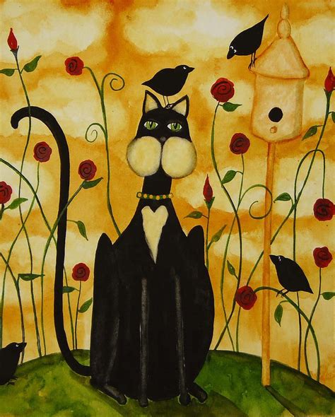 Debi Hubbs Watercolor The Hunter Neko Folk Art Cat Folk Print Whimsical Cats Black Cat