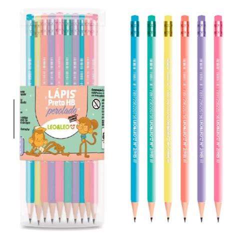 Kit 6 Lápis de Escrever HB Tom Pastel Perolado Borracha Escolar Leo