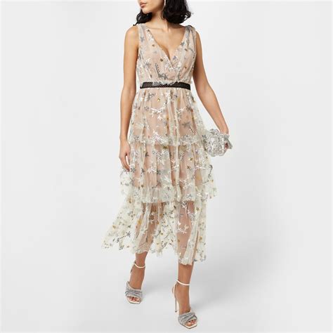 Self Portrait Embroidered Mesh Tiered Star Dress Women Nude Flannels