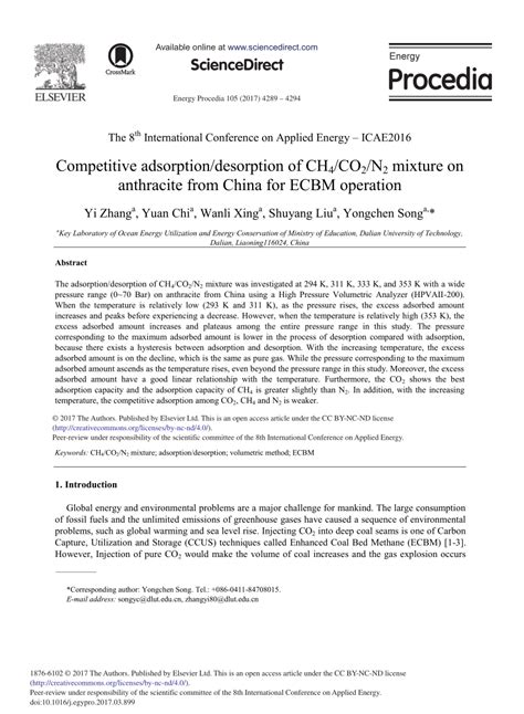 Pdf Competitive Adsorptiondesorption Of Ch 4 Co 2 N 2 Mixture On