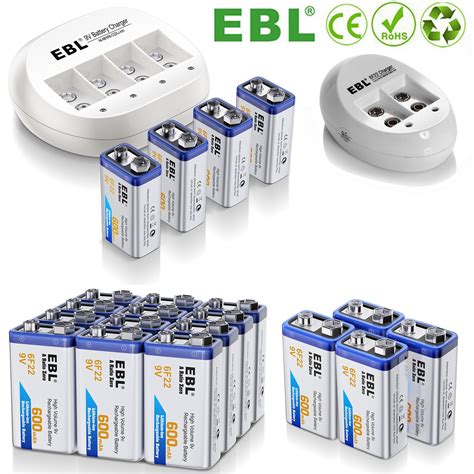 EBL 9V 600mAh 6F22 Li Ion Rechargeable Batteries 9Volt Battery USB