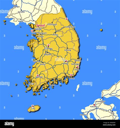 Carte De La Corée Du Sud Présentant Les Principales Routes Et Autoroutes De LÉtat Photo Stock