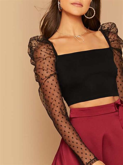 SHEIN Privé Top corto de manga gigot de malla jacquard transparente