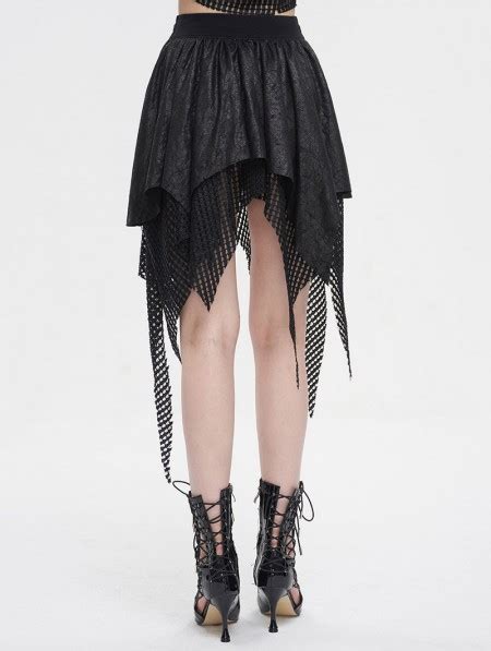 Devil Fashion Black Gothic Punk Net Splicing Pleated Irregular Skirt