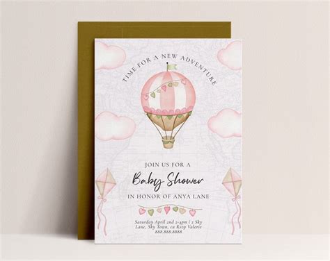 Editable Adventure Awaits Baby Shower Invitation Green Hot Air Balloon