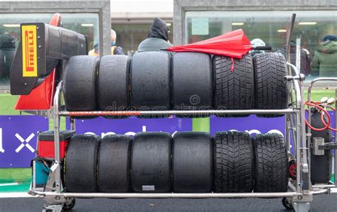 Racing Car Team Cart On Starting Grid Pirelli Set Tires And Nose Change