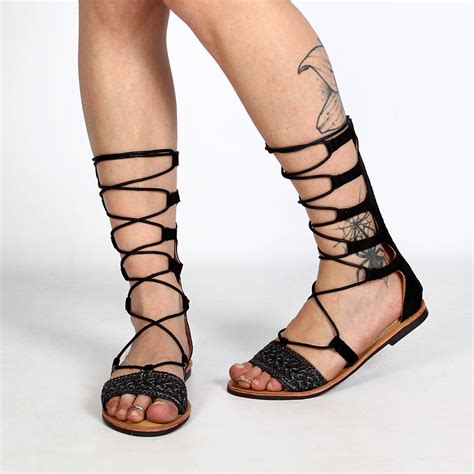 Summer Women High Gladiator Spartan Sandals In Black Leather With Many