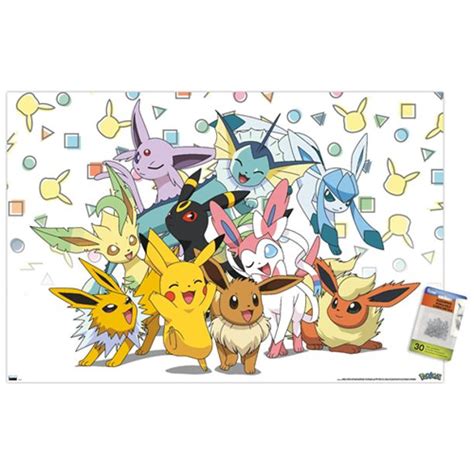 Pok Mon Pikachu Eevee And Its Evolutions Wall Poster With Pushpins