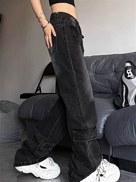 Emmiol Free Shipping 2023 Distressed Flap Pocket Low Waist Cargo Jeans