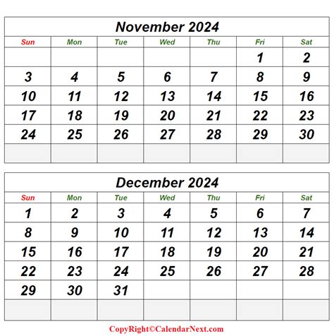 November December 2024 Printable Calendar Calendar Next