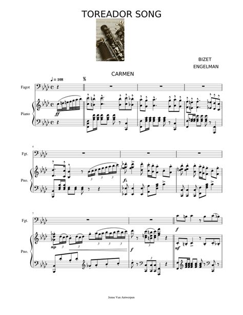 The Toréador Song Georges Bizet Sheet Music For Piano Bassoon Solo