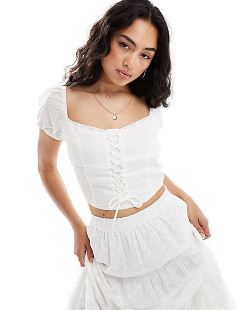 Pimkie Lace Up Puff Sleeve Top With Broderie Trim In White Asos