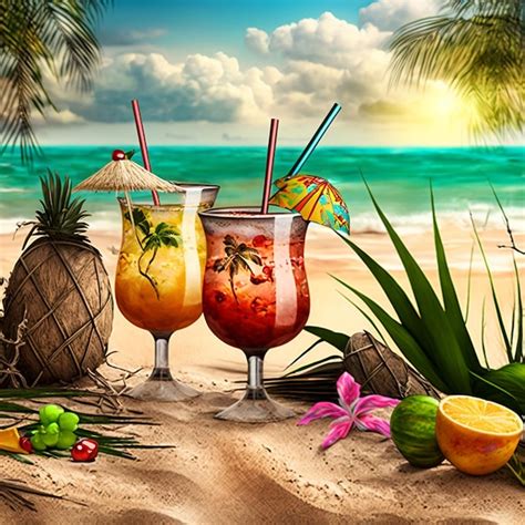 Premium Photo A Painting Of A Beach Scene With Two Cocktails And A