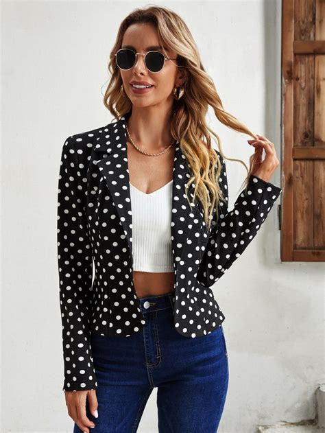 Shein Polka Dot Lapel Collar Blazer Polka Dot Jacket Outfit Black And White Polka Dot Outfit