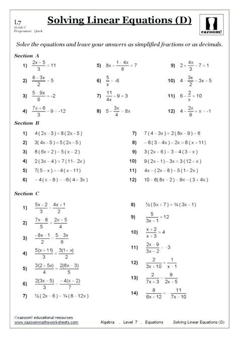 Grade Equations Worksheets