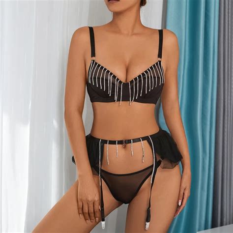 Erotic Lace Bralette Set Sexy Transparent Lingerie Women Luxury Sexy Rhinestone Lingerie Set