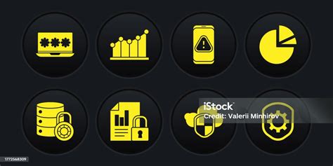 잠금 원형 차트 인포그래픽 문서 및 클라우드 쉴드 모바일 느낌표 쉴드 설정 톱니바퀴 및 노트북 암호 아이콘으로 서버 보안을