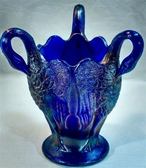 Vintage Cobalt Carnival Glass Triple Swan Vase