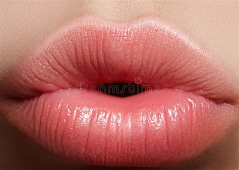 Closeup Kiss Natural Lip Makeup Beautiful Plump Full Lips On Female