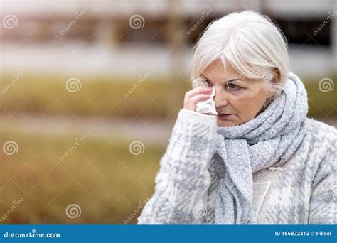 Weeping Old Woman Wipes Her Eyes With Tissue Stock Image Image Of