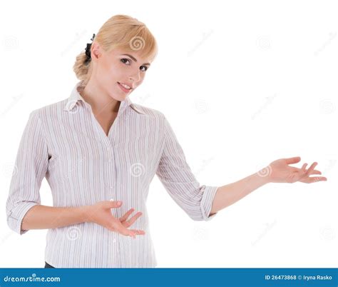 Young Woman With Welcome Gesture Stock Photo Image Of Person Looking