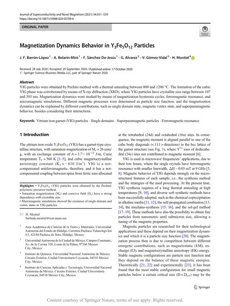 Magnetization Dynamics Behavior In Y Fe O Particles Request Pdf