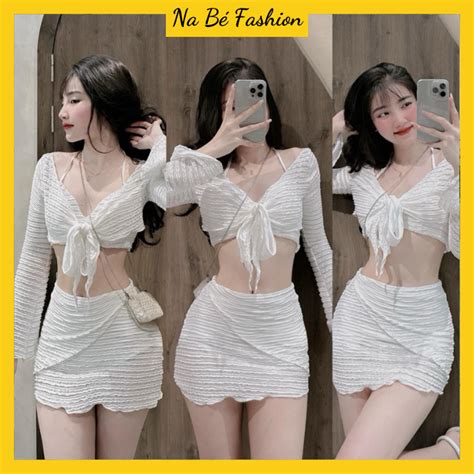 Có ảnh thật Set đồ nữ đi biển Set bikini đi biển 3 món sexy áo bra 2 dây kèm chân váy ôm