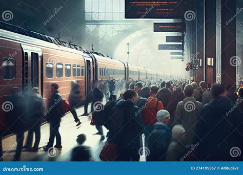 Crowded Train Station During Rush Hour With Passengers Rushing To