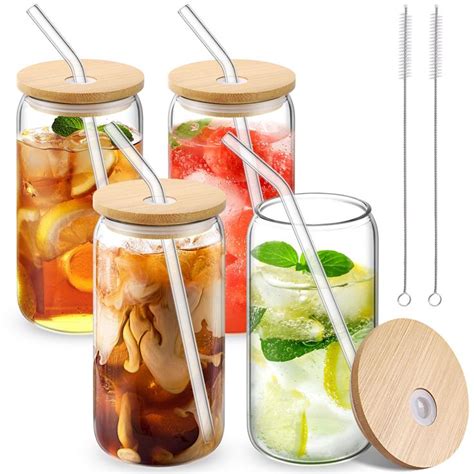 Cwhhrn Drinking Glasses With Bamboo Lids And Glass Straw 4pcs Set 16oz Beer Glasses Glass Cups