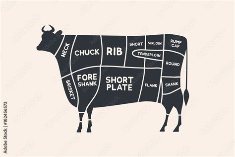 Meat cuts. Diagrams for butcher shop. Scheme of beef. Animal silhouette ...