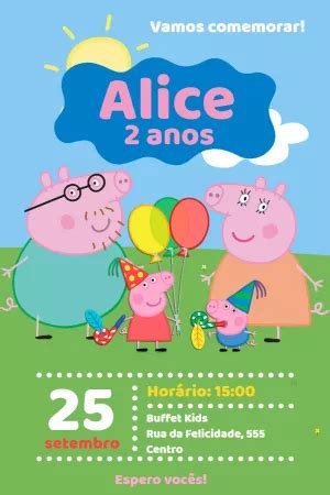 Convite Aniversário Peppa Pig Edite grátis nosso editor online