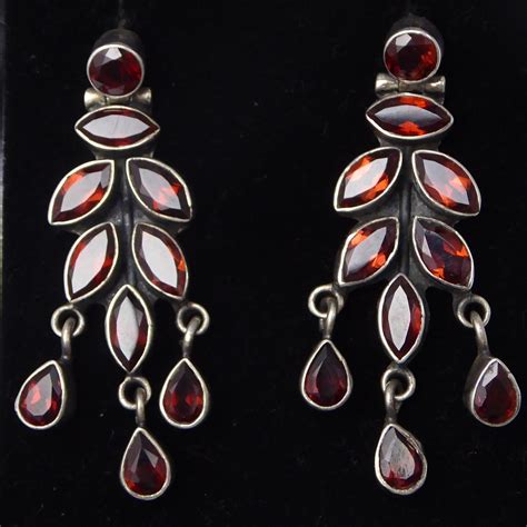 Vintage Sterling Silver Natural Garnet Drop Earrings