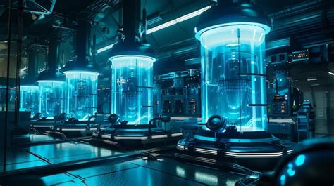 Futuristic Laboratory With Glowing Blue Containers And Advanced