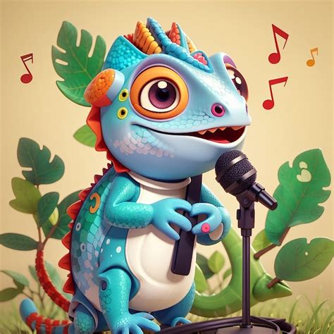 Premium Photo | Cute chameleon singing with microphone cartoon vector ...