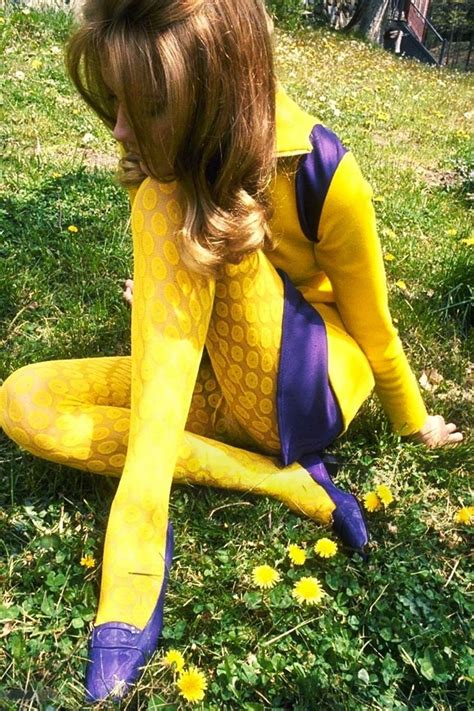 Sixties Yellow Tights Wearing Purple Colored Tights Outfit